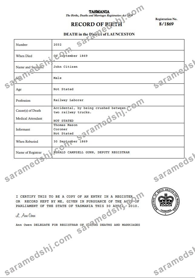 Australia Tasmania death certificate template in Word